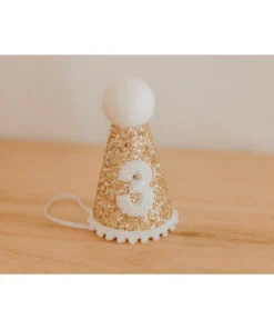 Cutest Little Party # 3 Gold Glitter + White Pom Trim + White Glitter Party Hat