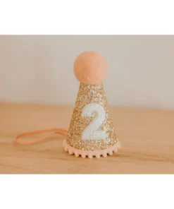 Cutest Little Party # 2 Gold Glitter + Blush Pom Trim + White Glitter Party Hat