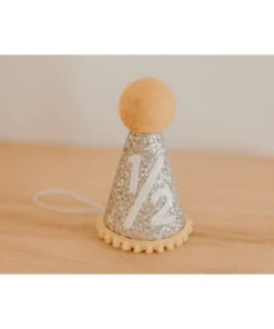 Cutest Little Party # 1/2 Silver Glitter + Mustard Pom Trim + White Glitter Party Hat