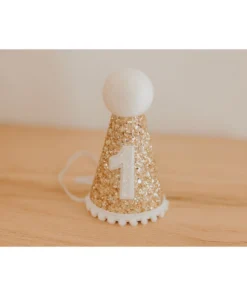 Cutest Little Party Party Time # 1 Gold Glitter + White Pom Trim + White Glitter Party Hat
