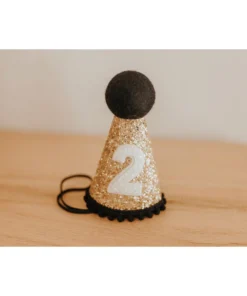 Cutest Little Party # 2 Gold Glitter + Black Pom Trim + White Glitter Party Hat