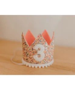 Cutest Little Party Party Time # 3 Mosaic Glitter + White Pom Trim/hot Pink + White Glitter Crown