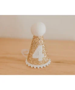 Cutest Little Party # 4 Gold Glitter + White Pom Trim + White Glitter Party Hat Party Time