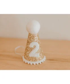 Cutest Little Party # 2 Gold Glitter + White Pom Trim + White Glitter Party Hat