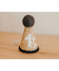 Cutest Little Party Party Hats # 1 Gold Glitter + Navy Pom Trim + White Glitter Party Hat