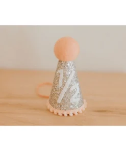 Cutest Little Party # 1/2 Silver Glitter + Blush Pom Trim + White Glitter Party Hat Party Time