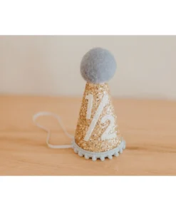 Cutest Little Party # 1/2 Gold Glitter + Baby Blue Pom Trim + White Glitter Party Hat Party Time