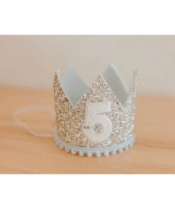 Cutest Little Party Party Time # 5 Silver Glitter + Baby Blue Pom Trim + White Glitter Crown