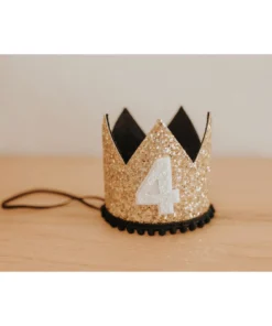 Cutest Little Party # 4 Gold Glitter + Black Pom Trim + White Glitter Crown