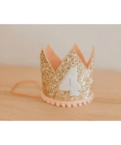 Cutest Little Party # 4 Gold Glitter + Blush Pom Trim + White Glitter Crown Party Time