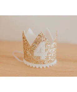 Cutest Little Party # 4 Gold Glitter + White Pom Trim + White Glitter Crown Party Time