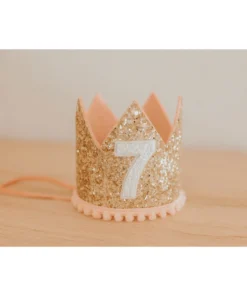 Cutest Little Party Party Time # 7 Gold Glitter + Blush Pom Trim + White Glitter Crown