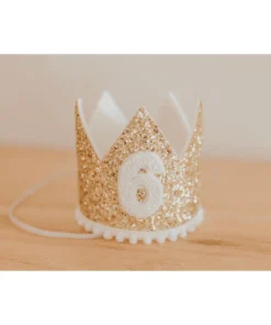 Cutest Little Party # 6 Gold Glitter + White Pom Trim + White Glitter Crown