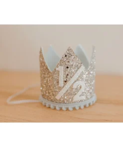 Cutest Little Party # 1/2 Silver Glitter + Baby Blue Pom Trim + White Glitter Crown Party Time