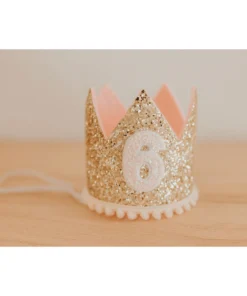 Cutest Little Party # 6 Gold Glitter + Blush Pom Trim + White Glitter Crown Party Time
