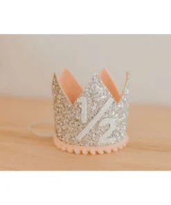 Cutest Little Party # 1/2 Silver Glitter + Blush Pom Trim + White Glitter Crown Party Time