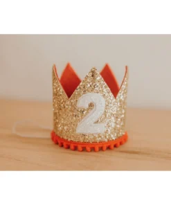 Cutest Little Party # 2 Gold Glitter + Red Pom Trim + White Glitter Crown