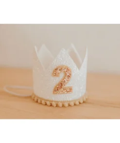 Cutest Little Party Party Time # 2 White Glitter + Toast Pom Trim/white Lining + Rose Gold/toast Felt Crown