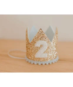 Cutest Little Party # 2 Gold Glitter + Baby Blue Pom Trim + White Glitter Crown Party Time