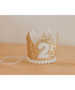 Cutest Little Party # 2 Gold Glitter + White Pom Trim + White Glitter Crown Party Time
