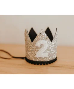 Cutest Little Party # 2 Silver Glitter + Black Pom Trim + White Glitter Crown