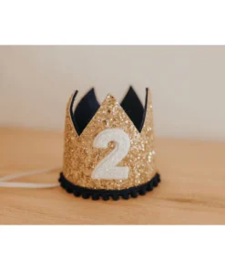 Cutest Little Party Party Time # 2 Gold Glitter + Navy Pom Trim + White Glitter Crown