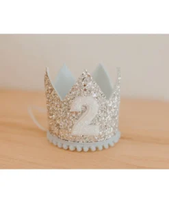 Cutest Little Party # 2 Silver Glitter + Baby Blue Pom Trim + White Glitter Crown