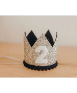 Cutest Little Party # 2 Silver Glitter + Navy Pom Trim + White Glitter Crown