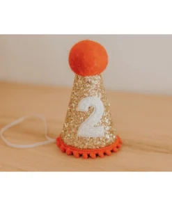 Cutest Little Party Party Time # 2 Gold Glitter + Red Pom Trim + White Glitter Party Hat