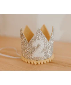 Cutest Little Party Party Time # 2 Silver Glitter + Mustard Pom Trim + White Glitter Crown