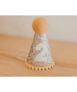 Cutest Little Party # 2 Silver Glitter + Mustard Pom Trim + White Glitter Party Hat Party Hats