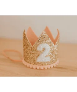 Cutest Little Party Party Time # 2 Gold Glitter + Blush Pom Trim + White Glitter Crown