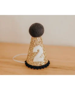 Cutest Little Party # 2 Gold Glitter + Navy Pom Trim + White Glitter Party Hat
