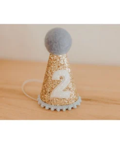 Cutest Little Party # 2 Gold Glitter + Baby Blue Pom Trim + White Glitter Party Hat Party Time