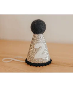 Cutest Little Party # 2 Silver Glitter + Navy Pom Trim + White Glitter Party Hat Party Time