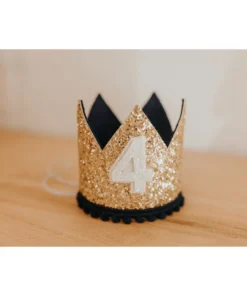 Cutest Little Party # 4 Gold Glitter + Navy Pom Trim + White Glitter Crown Party Time
