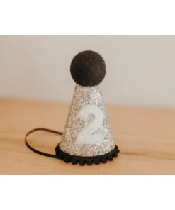 Cutest Little Party # 2 Silver Glitter + Black Pom Trim + White Glitter Party Hat Party Time