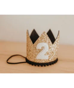 Cutest Little Party # 2 Gold Glitter + Black Pom Trim + White Glitter Crown Party Time