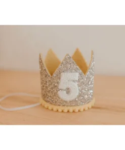 Cutest Little Party # 5 Silver Glitter + Mustard Pom Trim + White Glitter Crown Party Time