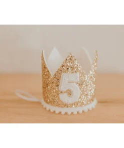 Cutest Little Party Party Time # 5 Gold Glitter + White Pom Trim + White Glitter Crown