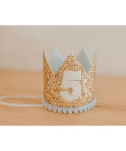 Cutest Little Party # 5 Gold Glitter + Baby Blue Pom Trim + White Glitter Crown