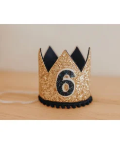 Cutest Little Party # 6 Gold Glitter + Black Pom Trim + Black Glitter Crown Party Time