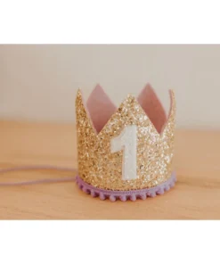Cutest Little Party # 1 Gold Glitter + Lilac Pom Trim + White Glitter Crown
