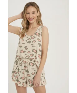 J+j Sets Leopard Beige Tank Lounge Set