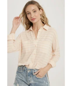 J+j Peach Stripe Burnout Button Up Knit Shirt
