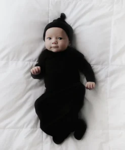 Three Little Tots Preemie + Newborn Black Ribbed Knotted Gown