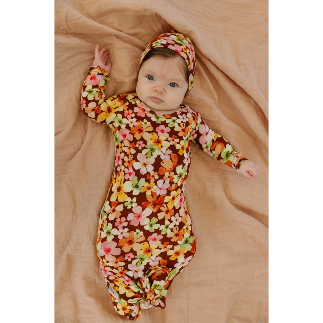 Liberty Floral Bamboo Knotted Gown - Arrows & Bow X Joss + J Preemie + Newborn 3 Liberty Floral Bamboo Knotted Gown - Arrows & Bow X Joss + J Preemie + Newborn