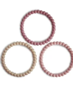 Mushie Toys Linen + Peony + Pale Pink Pearl Teething Bracelet Set