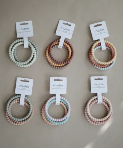 Mushie Toys Linen + Peony + Pale Pink Pearl Teething Bracelet Set