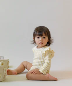 Pehr Marigold Stripe Ruffle Long Sleeve Onesie